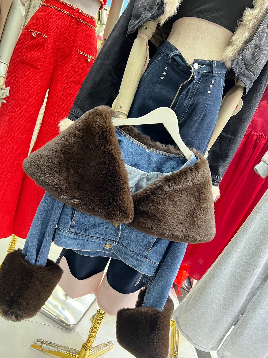 Fur plush denim jacket