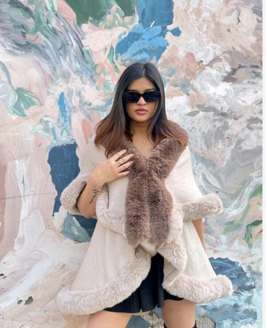 Faux fur double layer cape