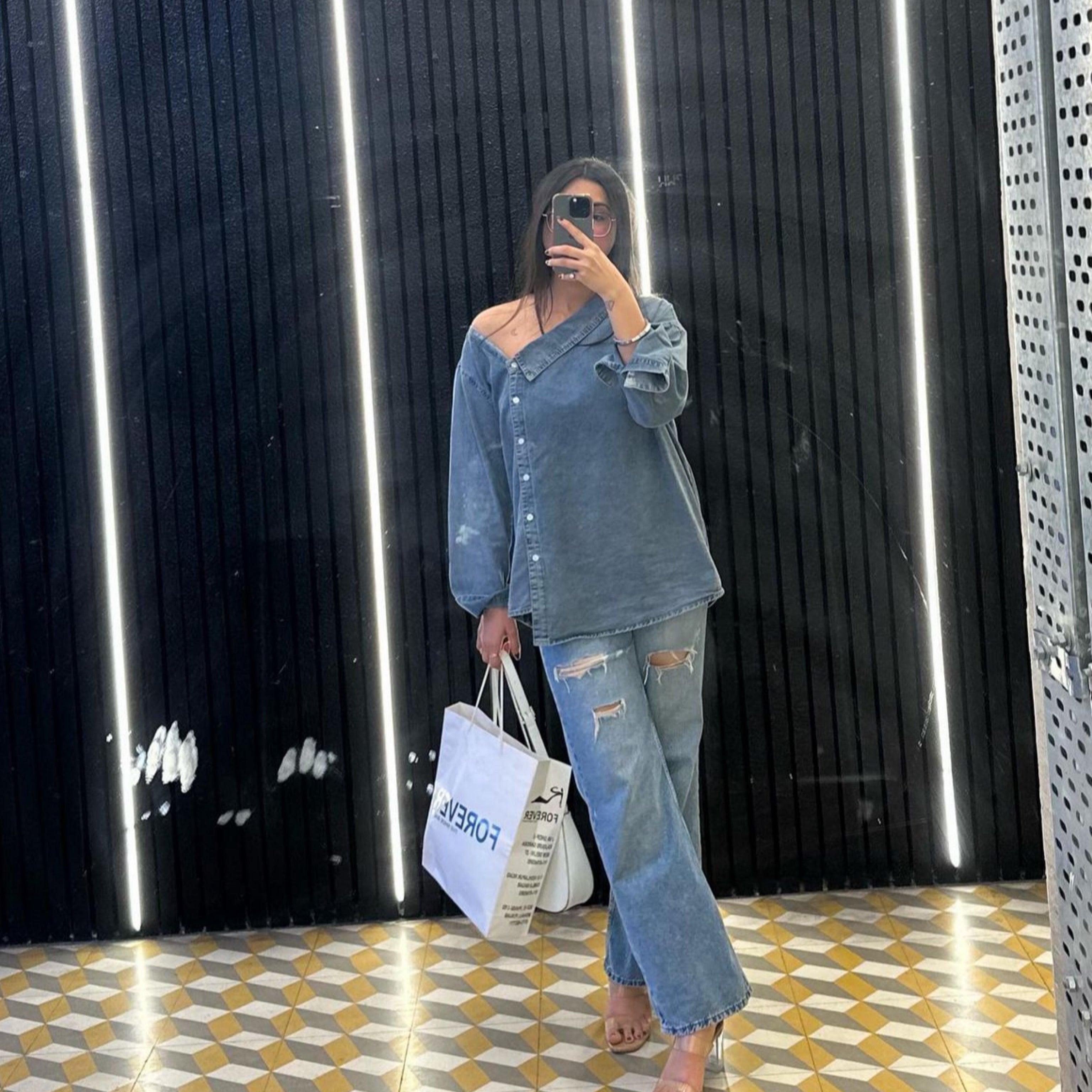 One shoulder denim shirt