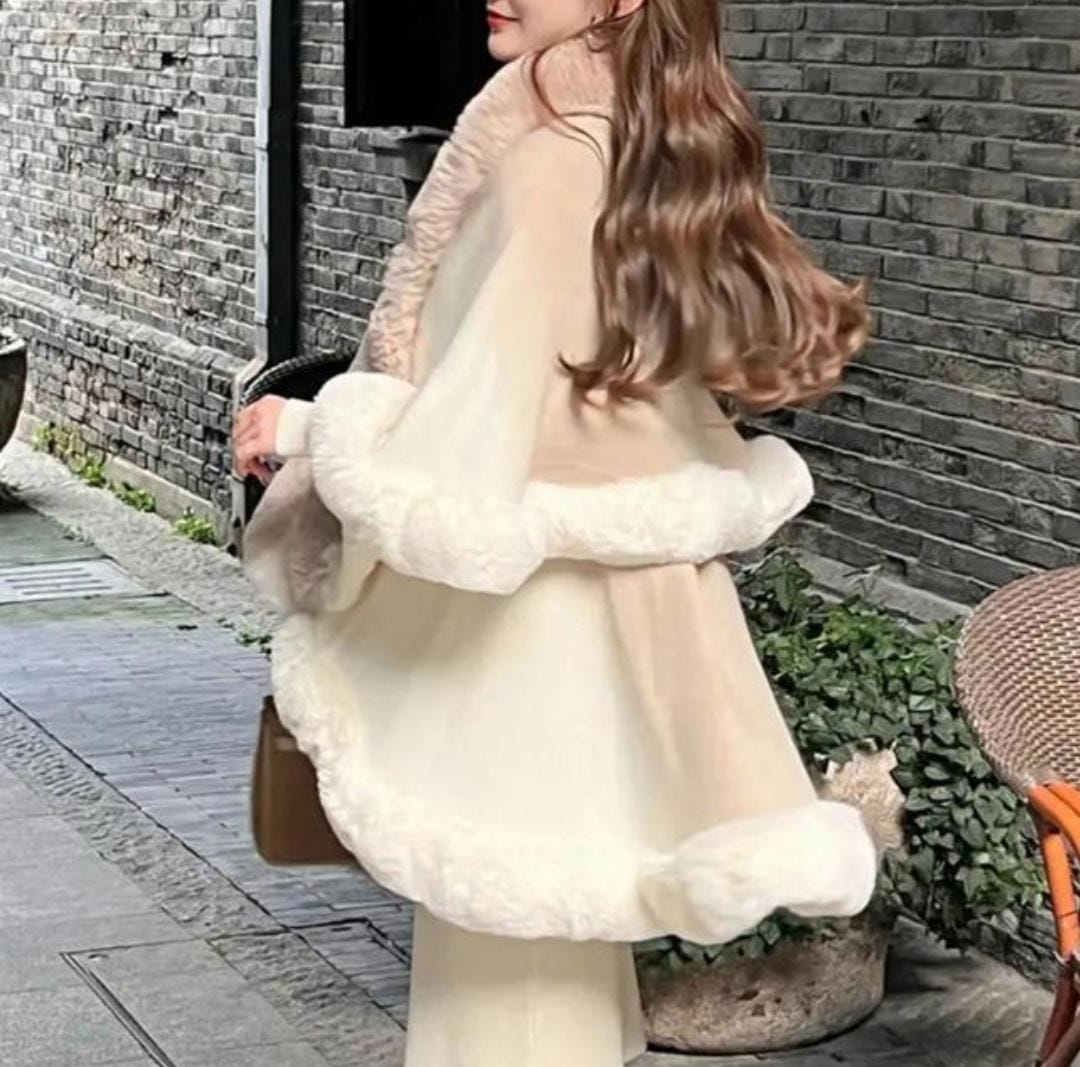 Faux fur double layer cape