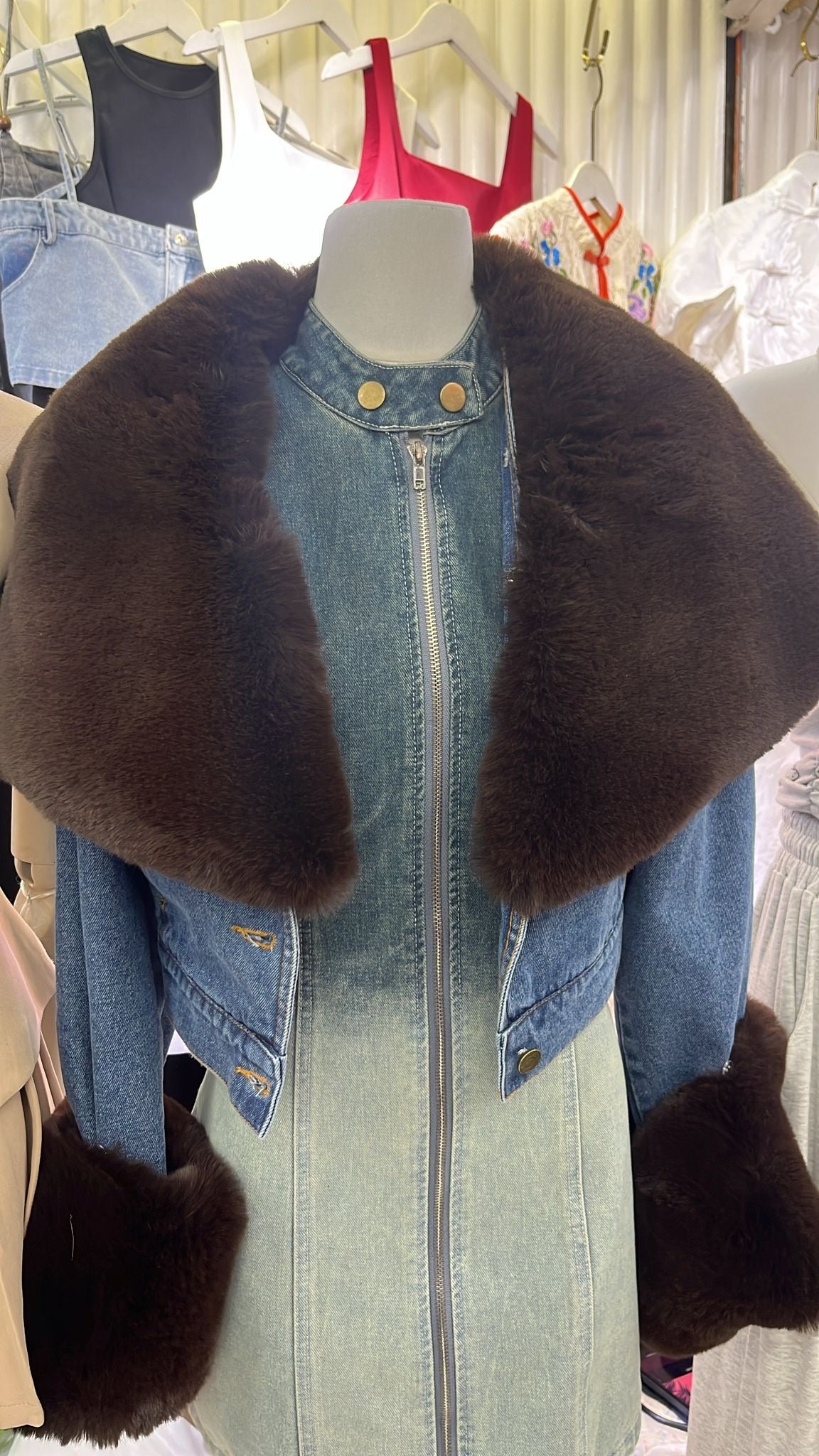 Fur plush denim jacket