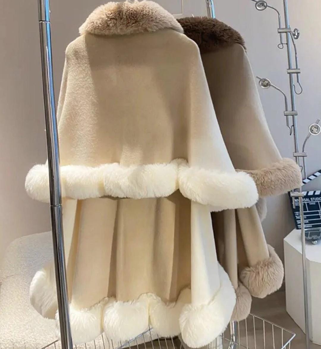 Faux fur double layer cape